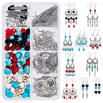 DIY Halloween Theme Earring Making Kits, including Synthetic Turquoise & Rhinestone & Glass Bead, Alloy Links & Charms & Beads, Brass Pins & Earring Hooks, Antique Silver, 8x6x7mm, Hole: 1mm
