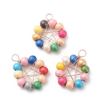 Natural Wood Round Beads Pendants, with Raw(Unplated) Copper Wire Wrapped, Ring with Star Charm, Dyed, Colorful, 27.5~29x22~23x5.5~6mm, Hole: 4mm