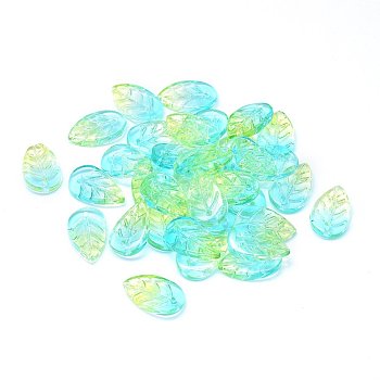 Transparent Glass Pendants, Leaf, Two Tone, Aquamarine, 18x11x3mm, Hole: 1.2mm