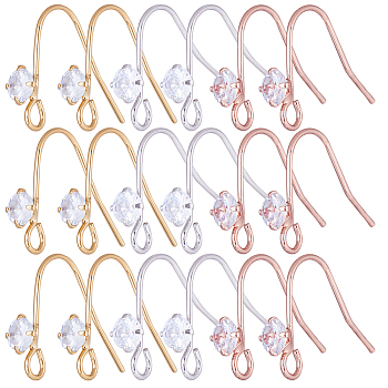 36Pcs 3 Colors Brass Micro Pave Clear Cubic Zirconia Earring Hooks, with Horizontal Loops, Mixed Color, 15mm, Hole: 2mm, Pin: 0.7mm, 12Pcs/color