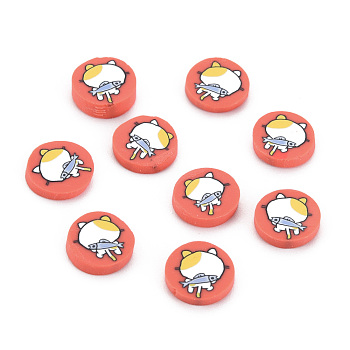 Handmade Polymer Clay Cabochons, Flat Round with Cat, Tomato, 9~9.5x1.5~2mm, about 5800pcs/1000g