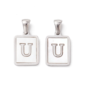 304 Stainless Steel Pave Shell Pendants, Rectangle Charm, Stainless Steel Color, Letter U, 17.5x12x1.5mm, Hole: 3x5mm