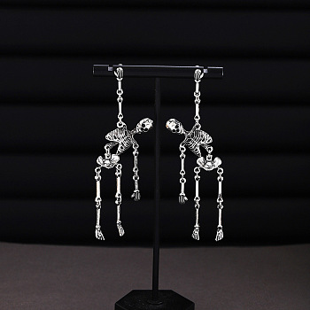 Alloy Dangle Stud Earrings, Skeleton, Antique Silver, 80x25mm