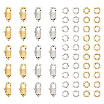 20Pcs 2 Style 304 Stainless Steel Lobster Claw Clasps, with 40Pcs Open Jump Rings, Golden & Stainless Steel Color, 9x5x3mm, Hole: 1mm, 10Pcs/style