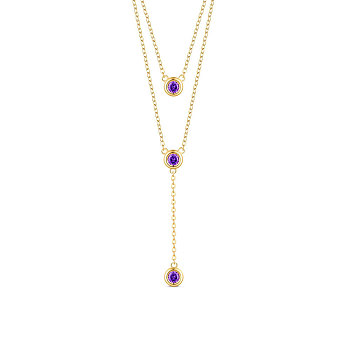 SHEGRACE 925 Sterling Silver Two-Tiered Necklaces, with Three Round Purple AAA Cubic Zirconia Pendant, Golden, 14.96 inch~16.54 inch(38~42cm)