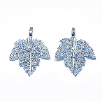 Iron Pendants, Electroplate Natural Leaf, Grape Leaf, Blue Plated, 35x27x1.5mm, Hole: 3x5.5mm