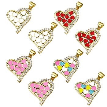 8Pcs 4 Colors Brass Micro Pave Clear Cubic Zirconia Pendants, with Enamel and Brass Snap on Bails, Real 18K Gold Plated, Heart, Mixed Color, 20x18.5x2mm, Hole: 5x3.5mm, 2pcs/color