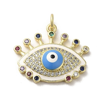 Brass Micro Pave Cubic Zirconia Pendants, with Enamel, with Jump Ring, Real 18K Gold Plated, Evil Eye, White, 20x23x5.3mm, Hole: 3.5mm