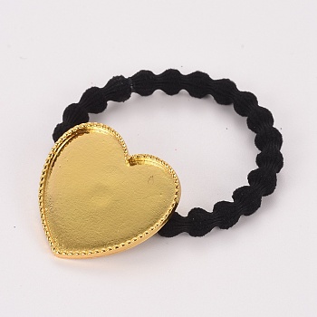 Elastic Hair Ties, Ponytail Holder, with Zinc Alloy Cabochon Settings, For DIY Epoxy Resin, Heart, Light Gold, Tray: 26x31.5mm, 44mm