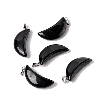 Natural Obsidian Pendants, with Platinum Tone Brass Findings, Moon Charm, 33x15x8mm, Hole: 6x3.2mm
