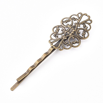 Iron Hair Bobby Pin Findings, Floral, Antique Bronze, 66.5x20x4.5mm