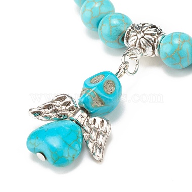 Synthetic Turquoise(Dyed) Beaded Stretch Bracelet with Skull Charm(BJEW-JB08286-02)-4