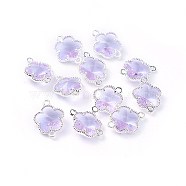 Glass Links connectors, with Eco-Friendly Alloy Open Back Berzel Findings, Flower, Silver Color Plated, Lilac, 15.5x12x5mm, Hole: 1.4mm(GLAA-A037-A-10S)