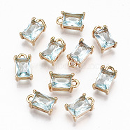 Brass Glass Rhinestone Pendants, Long-Lasting Plated, Cadmium Free & Lead Free, Rectangle, Light Gold, Aquamarine, 10x6x4.5mm, Hole: 1.4mm(GLAA-S179-21H-RS)