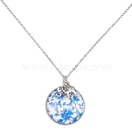 Steel Blue Glass Flat Round & Alloy Pendant Necklace, with 304 Stainless Steel Chains, Elephant, 18.35 inch(46.6cm)(NJEW-JN04453-02)