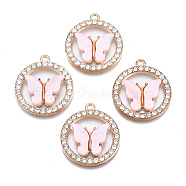 Alloy Rhinestone Pendants, with Acrylic, Cadmium Free & Lead Free, Ring with Butterfly, Light Gold, Misty Rose, 24.5x22x3.5mm, Hole: 1.6mm(X1-PALLOY-S183-001G-RS)