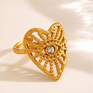 304 Stainless Steel Rhinestone Open Cuff Rings, Hollow Heart with Eye, Real 18K Gold Plated, 21x16mm, Inner Diameter: 18mm(RJEW-M072-21G)