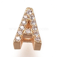Golden Plated Brass Micro Pave Cubic Zirconia Slide Charms, Letter, Clear, Letter.A, 7~7.5x1.5~6.5x3mm, Hole: 6x1mm(ZIRC-L075-61A-G)