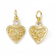 Brass Cubic Zirconia Pendants, Hollow Heart Charm, with Jump Ring, Real 18K Gold Plated, 15.5x10x2mm, Hole: 3mm(KK-E068-VC002)