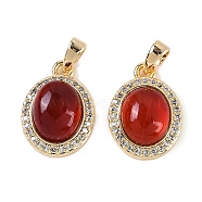 Natural Carnelian(Dyed & Heated) Oval Pendants, Brass Micro Pave Clear Cubic Zirconia Charms, Real 18K Gold Plated, 17x12.5x5.5mm, Hole: 5x2.5mm(KK-P283-41G)