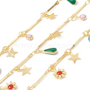 Handmade Eco-friendly Brass Bar Link Chain, with Enamel Flower & Teardrop & Ring & Star Charms, Real 18K Gold Plated, Lead Free & Cadmium Free, Soldered, with Spool, Colorful, 13.5x1x1mm(CHC-E025-18G)