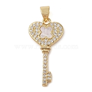 Brass Micro Pave Clear Cubic Zirconia Pendant, with Shell, Key, Real 18K Gold Plated, 27.5x14x2mm, Hole: 4x3mm(KK-I712-58G-01)