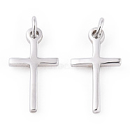 Rhodium Plated 925 Sterling Silver Religion Cross with 925 Stamp & Jump Rings, Real Platinum Plated, 14.5x7.5x1mm, Hole: 1.6mm(STER-T007-51P)
