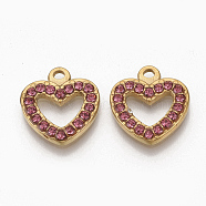 Golden Tone 304 Stainless Steel Pendants, with Rhinestone, Heart, Rose, 15x14x2mm, Hole: 1.5mm(STAS-T050-008G-09)