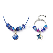 DIY European Bracelet Necklace Making Kit for Kid, Including Brass Chain Bracelet & Wax Rope Necklace Making, Large Hole Style Alloy Pendant & Resin Beads, Medium Blue, Pendant: 36.5~39mm, Hole: 5mm, 16Pcs/set(DIY-G085-01A)