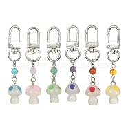 Resin Mushrooms Pendant Decorations, with Gemstone Round Bead and Alloy Swivel Clasps, for Backpack, Keychain Decor, Mixed Color, 7.4x1.45cm, 6pcs/set(KEYC-TA00022)