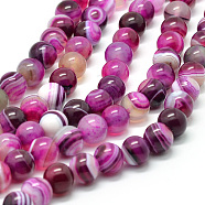 Natural Striped Agate/Banded Agate Bead Strands, Round, Grade A, Dyed & Heated, Deep Pink, 6mm, Hole: 1mm, about 61pcs/strand, 15 inch(G-K166-13-6mm-03)