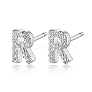 Rhodium Plated 925 Sterling Silver Initial Letter Stud Earrings, with Cubic Zirconia, Platinum, Letter R, 5x5mm(HI8885-18)