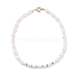 Natural Pearl Beaded Necklace with Word Golden Acrylic Beads for Women, White, 16.93 inch(43cm)(NJEW-JN03850)