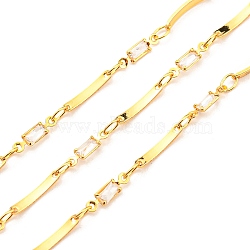 Brass Rectangle Link Chains, with Clear Glass Chains, Unwelded, with Spool, Real 18K Gold Plated, 11.5x1.7x0.67mm, 9.8x2.7x1.3mm, about 16.40 Feet(5m)/Roll(CHC-K015-01G)