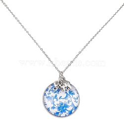 Steel Blue Glass Flat Round & Alloy Pendant Necklace, with 304 Stainless Steel Chains, Elephant, 18.35 inch(46.6cm)(NJEW-JN04453-02)