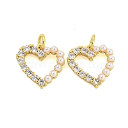 Heart Rack Plating Brass Micro Pave Cubic Zirconia Charms, with Glass Pearl, Cadmium Free & Lead Free, Long-Lasting Plated, Real 18K Gold Plated, White, 13x14x2.5mm, Hole: 3.5mm(KK-U021-13A-G)