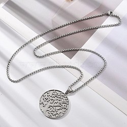 304 Stainless Steel Pendant Necklaces, Flat Round with Tree, Non-Tarnish, Stainless Steel Color, 23.23~23.62 inch(59~60cm)(NJEW-Z058-03P)