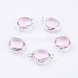 Silver Color Plated Brass Glass Flat Round Links connectors, Faceted, Pearl Pink, 16x10.5x5mm, Hole: 1.5mm(GLAA-M004-B-03S)