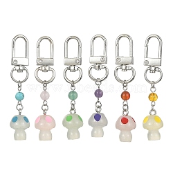 Resin Mushrooms Pendant Decorations, with Gemstone Round Bead and Alloy Swivel Clasps, for Backpack, Keychain Decor, Mixed Color, 7.4x1.45cm, 6pcs/set(KEYC-TA00022)