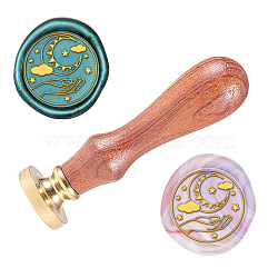 Wax Seal Stamp Set, Sealing Wax Stamp Solid Brass Head,  Wood Handle Retro Brass Stamp Kit Removable, for Envelopes Invitations, Gift Card, Moon Pattern, 83x22mm(AJEW-WH0208-639)