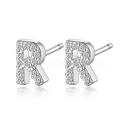 Anti-Tarnish Rhodium Plated 925 Sterling Silver Initial Letter Stud Earrings, with Cubic Zirconia, Platinum, Letter R, 5x5mm(HI8885-18)