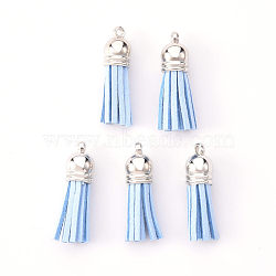 Faux Suede Tassel Pendant Decorations, with CCB Plastic Cord Ends, Platinum, Light Sky Blue, 33~35x10mm, Hole: 2.5mm(FIND-R095-012P)