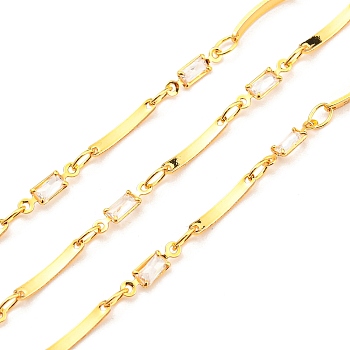 Brass Rectangle Link Chains, with Clear Glass Chains, Unwelded, with Spool, Real 18K Gold Plated, 11.5x1.7x0.67mm, 9.8x2.7x1.3mm, about 16.40 Feet(5m)/Roll