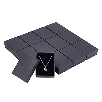 Pandahall 12Pcs Kraft Cotton Filled Cardboard Paper Jewelry Set Boxes, for Ring, Necklace, with Sponge inside, Rectangle, Black, 9x7x3cm, Inner Size: 8.5x6.4x1.7cm