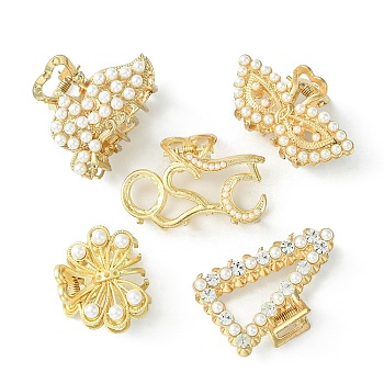 5 Styles Alloy Claw Hair Clips, with ABS Plastic Imitation Pearl, Long-Lasting Plated, Bowknot & Number 520 & Masquerade & Butterfly & Triangle, White, 31~50x30~50x23.5~27mm