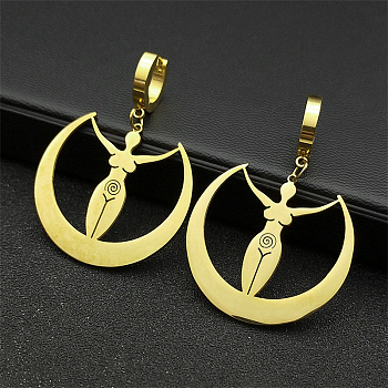 304 Stainless Steel Mythology Moon Goddess Amulet Hoop Earrings for Women, Golden, 48.5x35mm