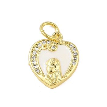 Brass Micro Pave Clear Cubic Zirconia Pendants, with Jump Ring and Enamel, Real 18K Gold Plated, Heart, 14x12x3mm, Hole: 3mm