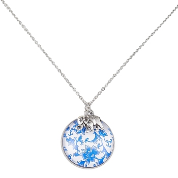 Steel Blue Glass Flat Round & Alloy Pendant Necklace, with 304 Stainless Steel Chains, Elephant, 18.35 inch(46.6cm)
