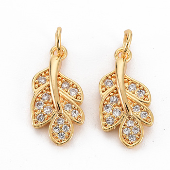 Brass Clear Cubic Zirconia Pendants, Nickel Free, with Jump Rings, Leaf, Real 18K Gold Plated, 18x9x3mm, Hole: 3mm, Jump Rings: 5x1mm, 3mm inner diameter