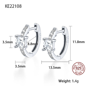 Platinum Rhodium Plated 925 Sterling Silver Hoop Earrings, Square Cubic Zirconia Earrings, with S925 Stamp, Clear, 11.8x13.5mm